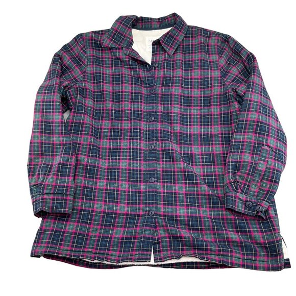 LL Bean Shacket Women Large 46 Pink Blue Plaid Fleece‎ Lined Cotton Jacket Chore - Picture 1 of 11